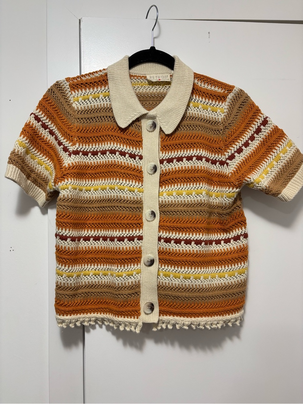 RETROD 70s Retro Striped Crochet Short Sleeve Polo Cardigan Top